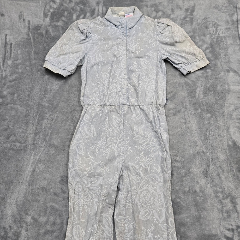 Vintage Avon Fashions Blue Floral Cotton Jumpsuit Puff Sleeve Sz 7/8 USA Made